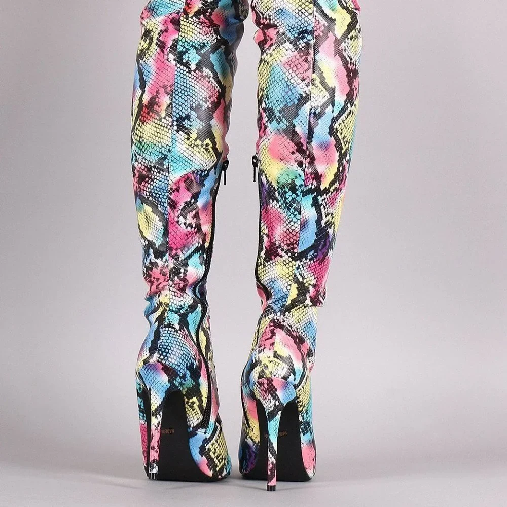 RAINBOW PYTHON LACE-UP STILETTO OVER-THE-KNEE BOOTS